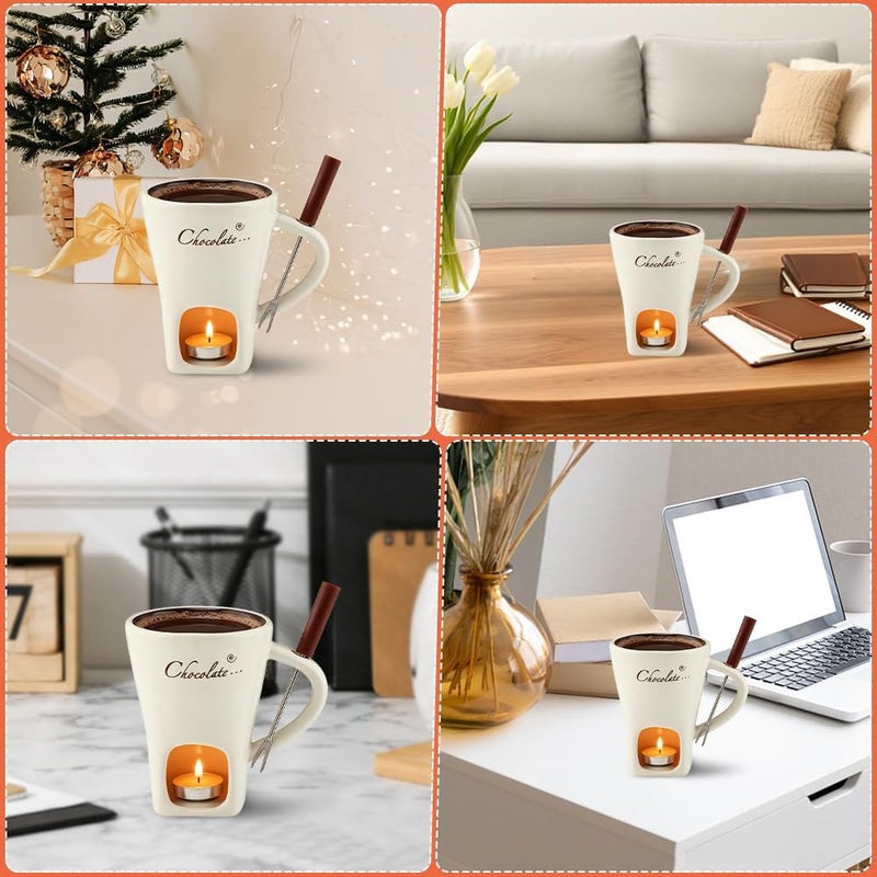WeiLingBo Chocolate Fondue Cup,Chocolate Fondue Mug with Fork and Candle,Ceramic Chocolate Melting Cup for Birthday Date Night Birthday Wedding Gifts (11.5 * 5.5 * 8.5cm,COLOR:White) - Image 4
